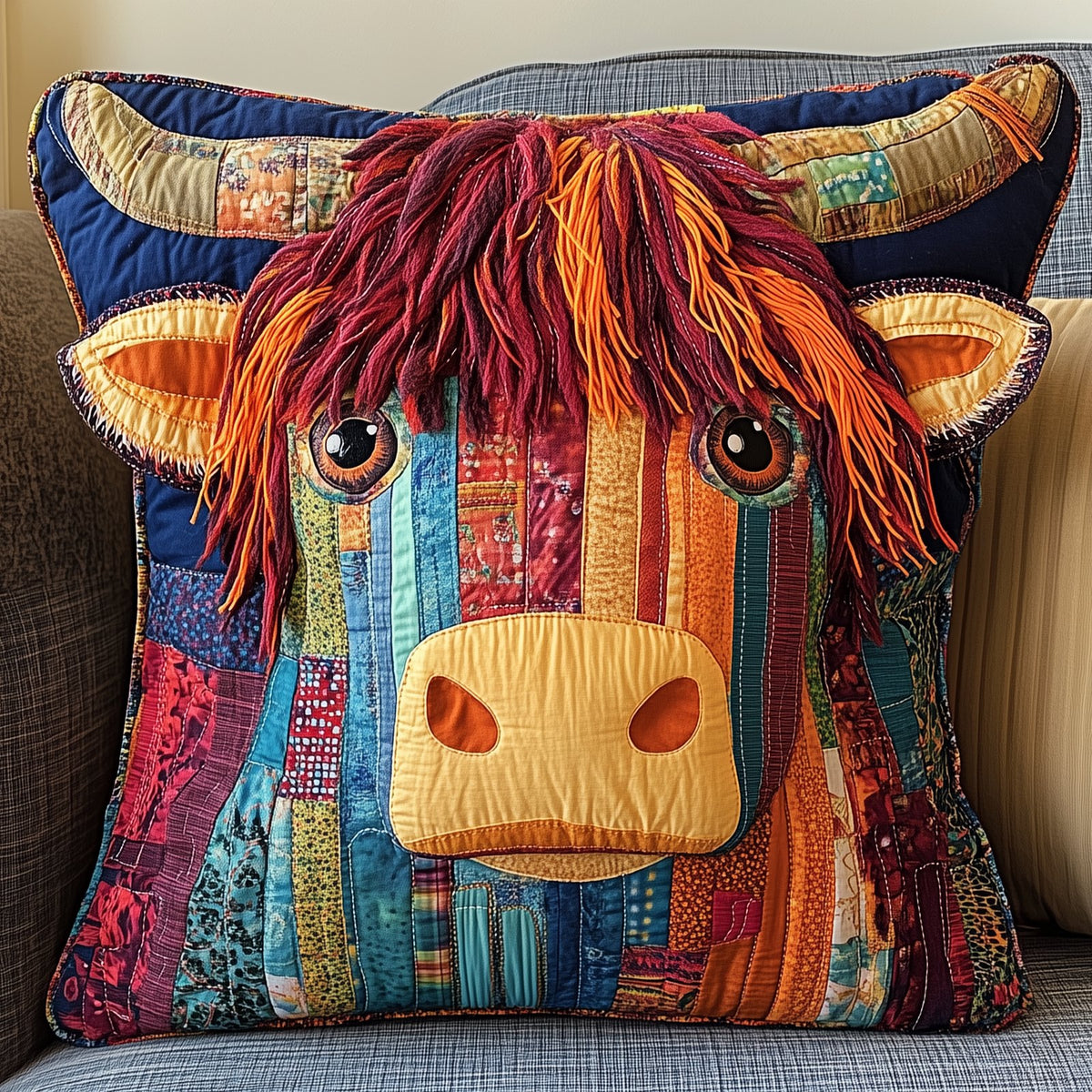 Funky Highland Cow Quilted Cushion Cover printed cushion cover