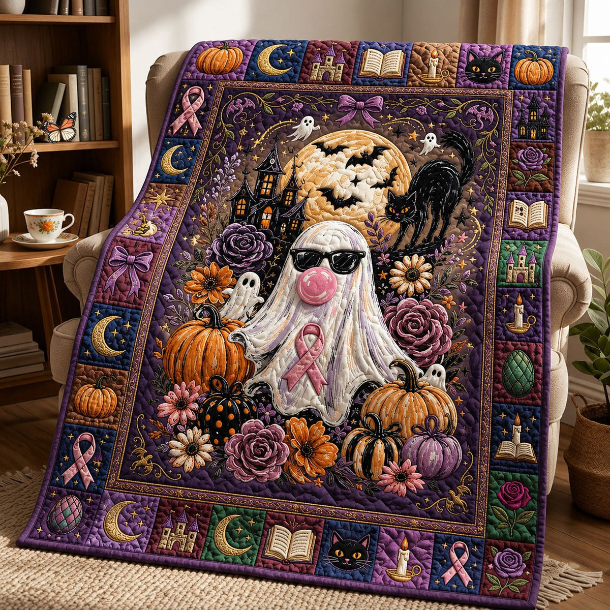 Ghost Blowing Bubble Gum Quilted Blanket printed blanket