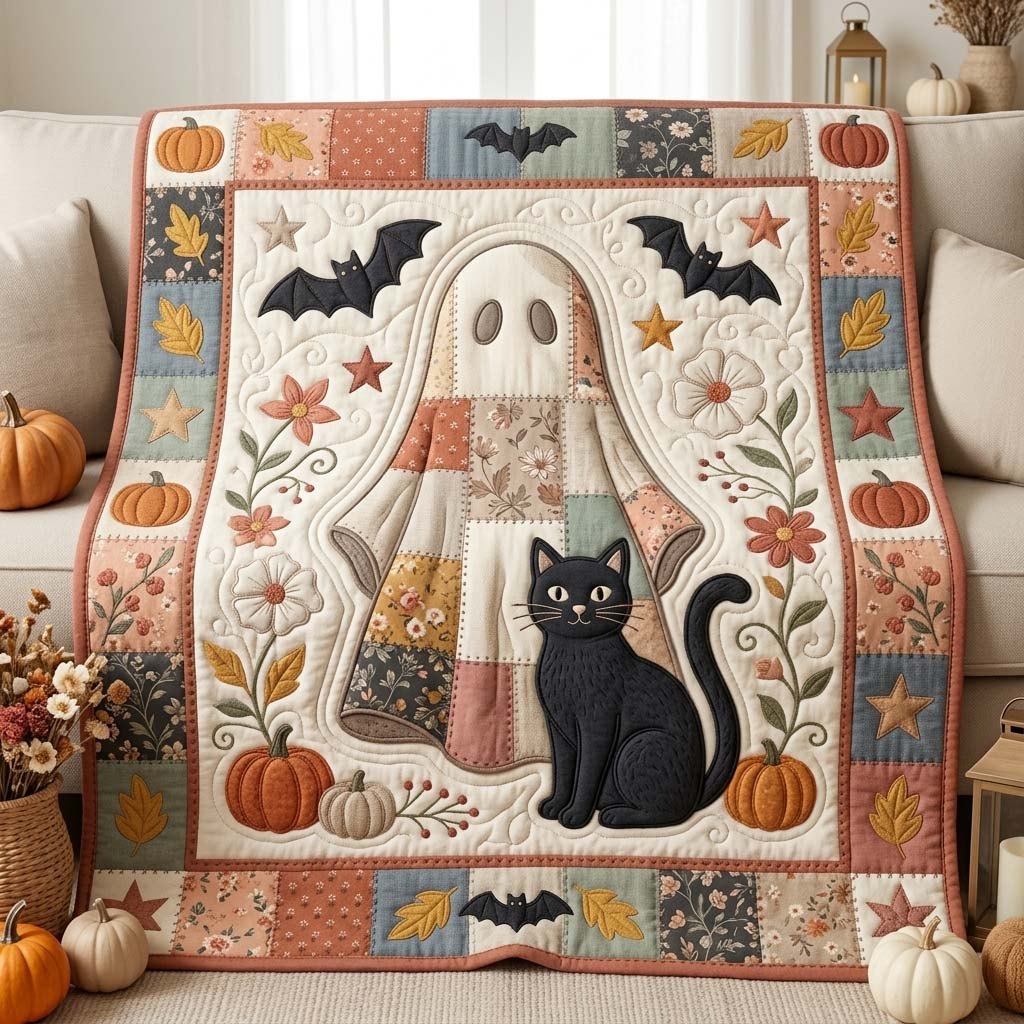 Ghost Cat Autumn Quilted Blanket printed blanket