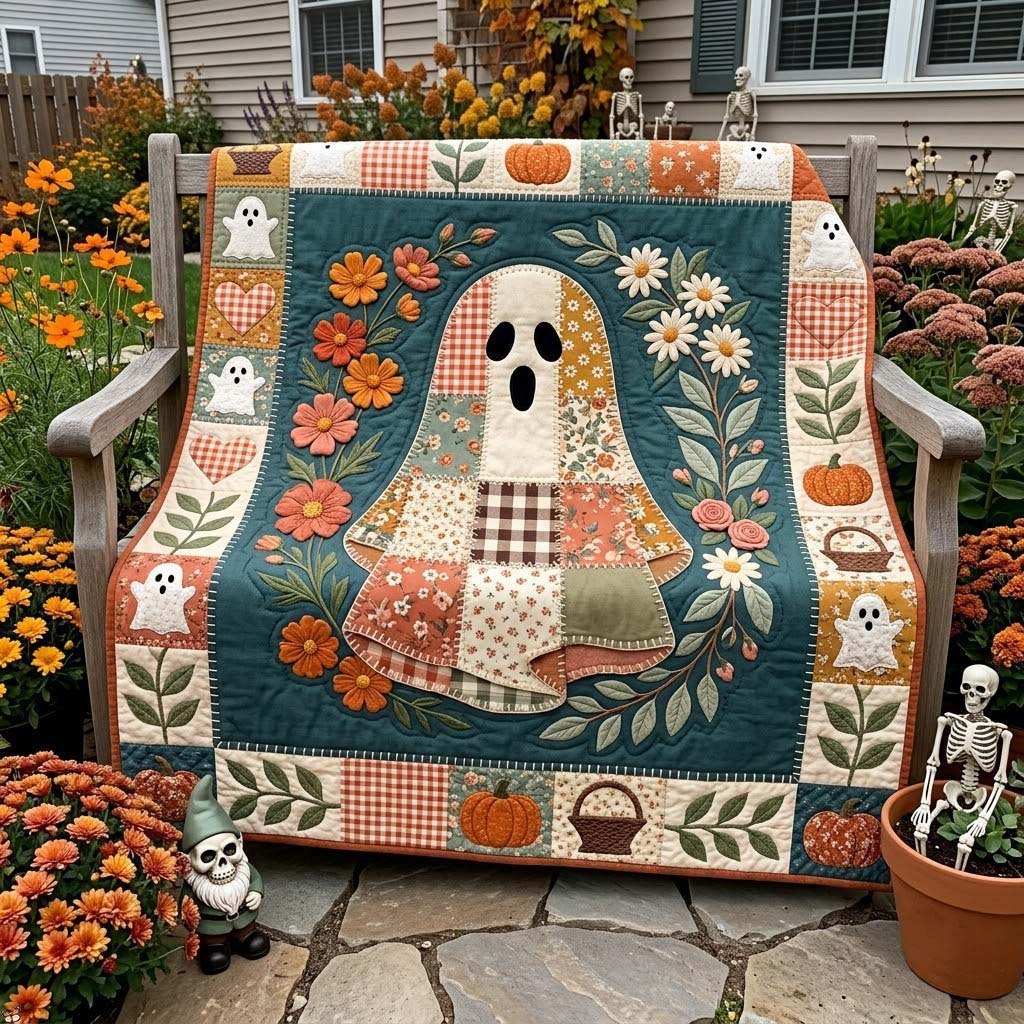 Ghost with Autumn Flowers on Teal printed blanket