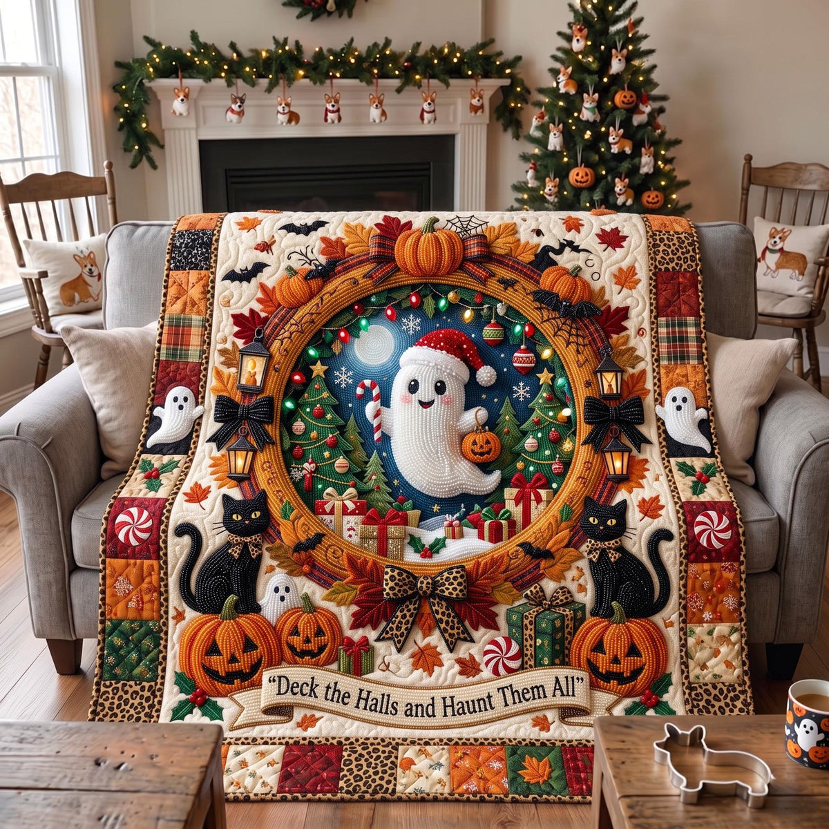 Ghost Wreath Quilted Blanket printed blanket
