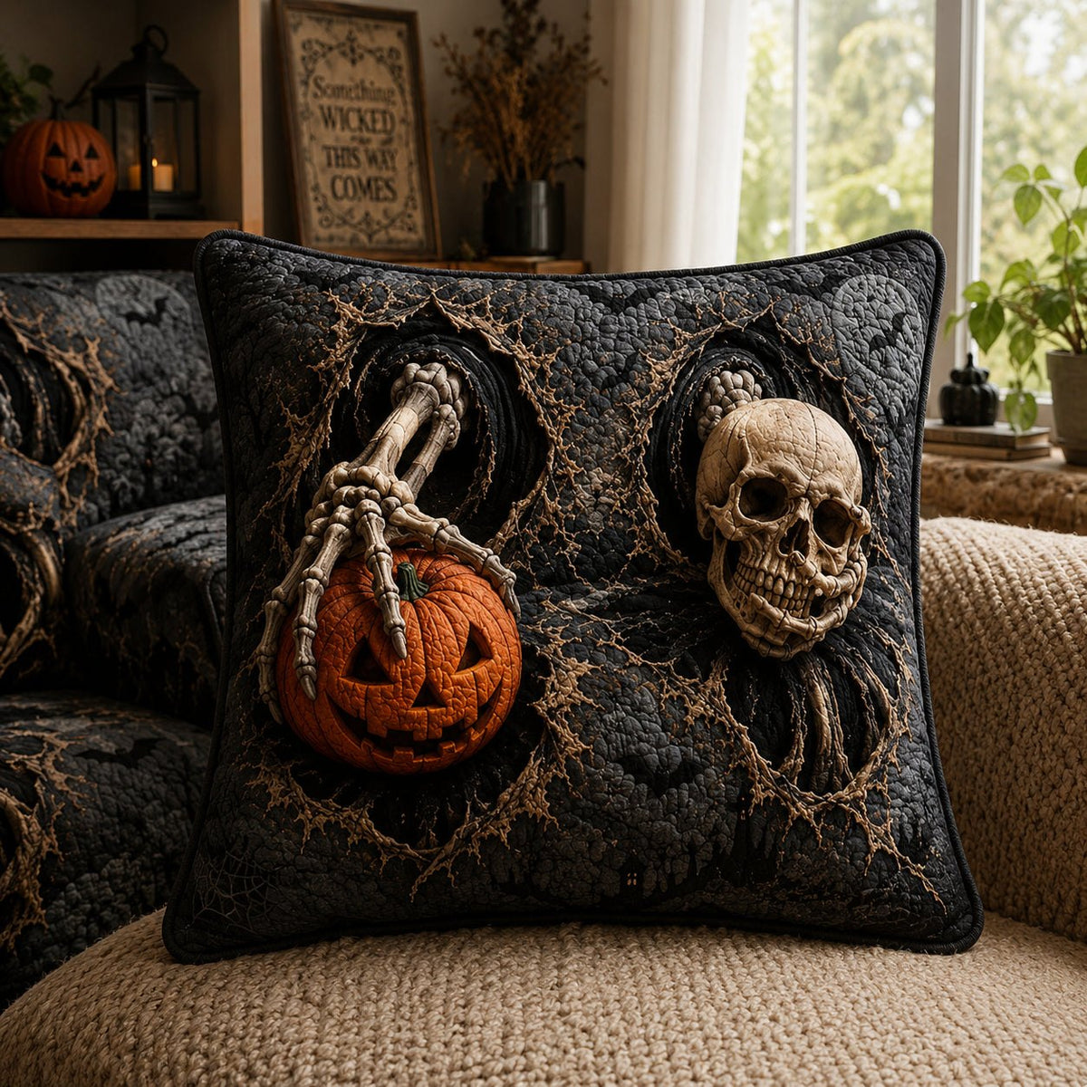 Ghostly Bones Quilted Cushion Cover printed cushion cover