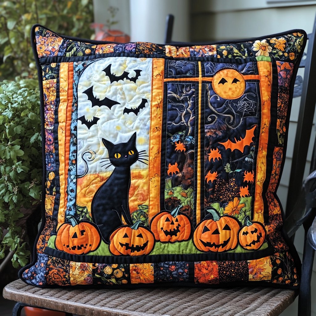 Ghoulish Black Cat Halloween Quilted Cushion Cover printed cushion cover