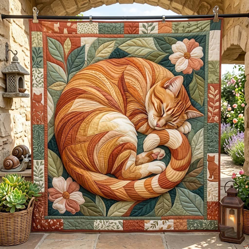 Ginger Cat Curled among Leaves printed blanket