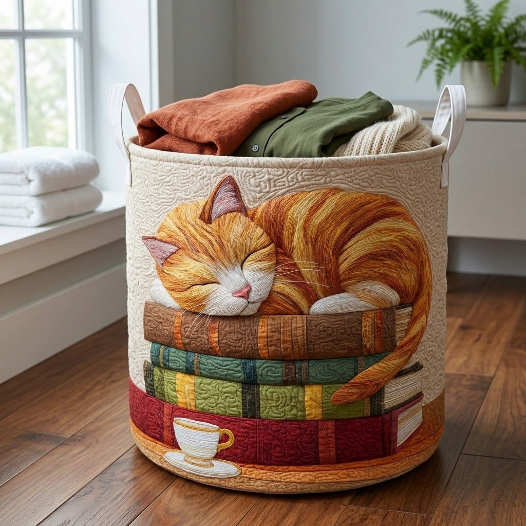 Ginger Cat on Books printed laundry hamper