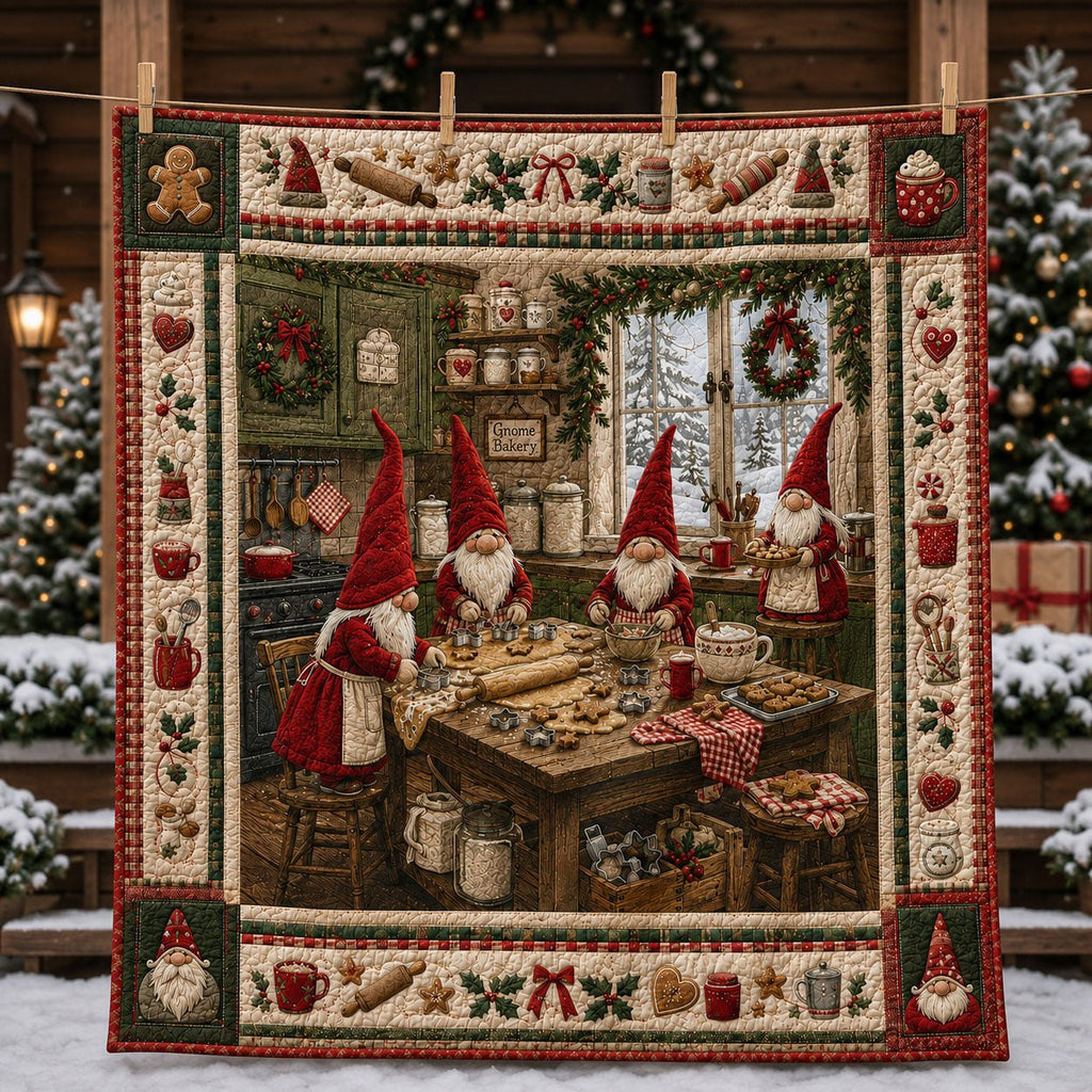 Gnome Bakery Christmas Workshop Quilted Blanket printed quilt blanket