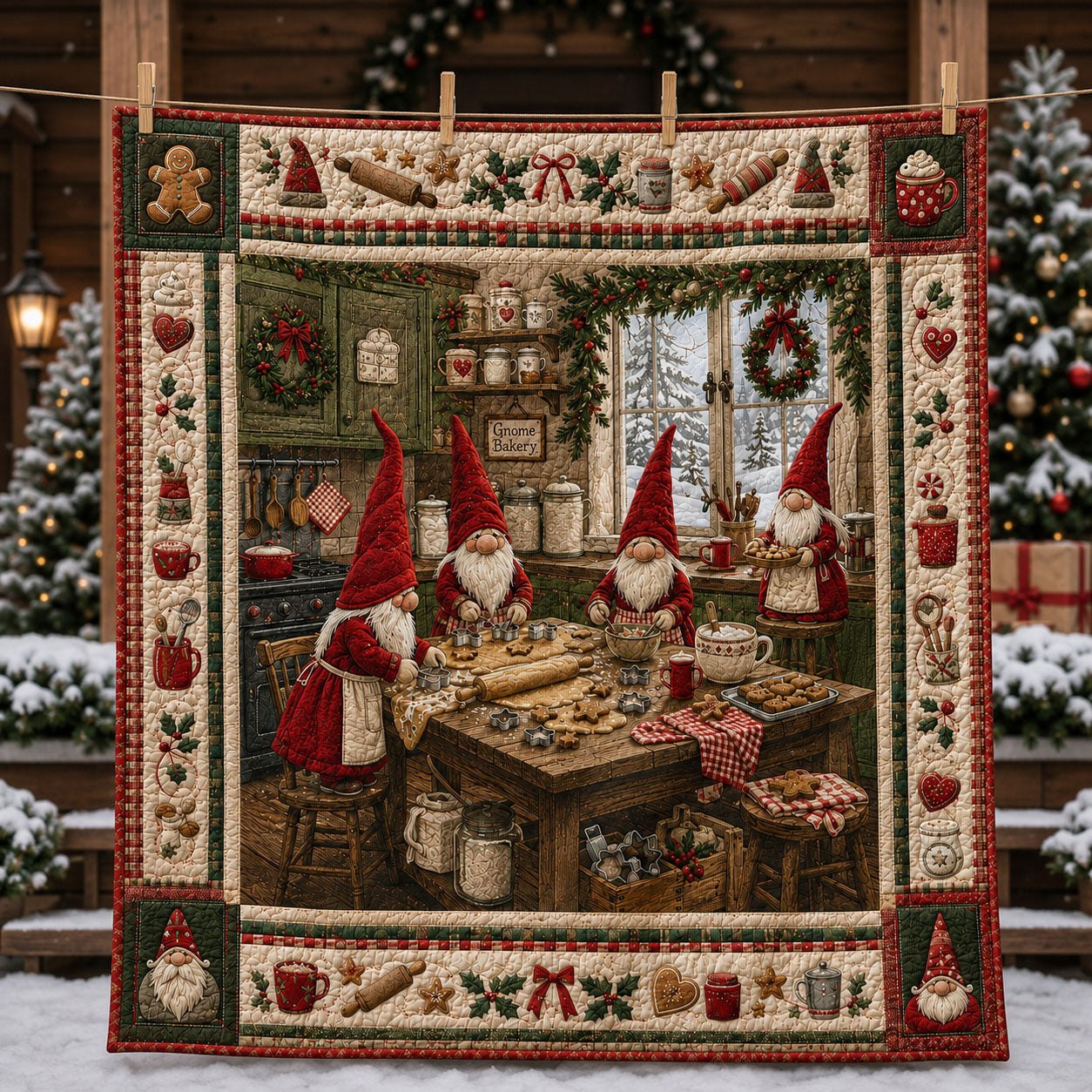 Gnome Bakery Christmas Workshop Quilted Blanket printed quilt blanket