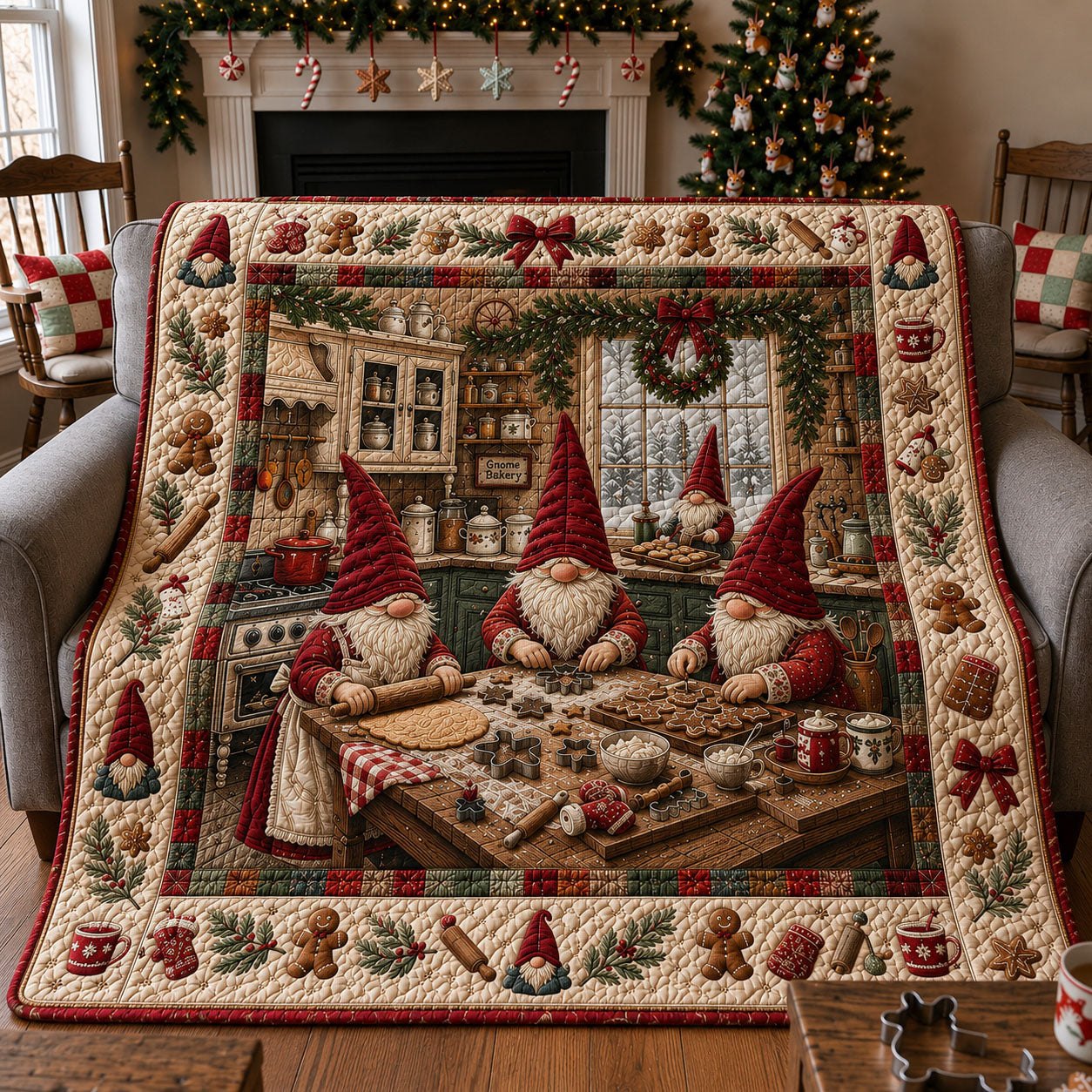 Gnome Christmas Cookie Baking Quilted Blanket printed quilt blanket
