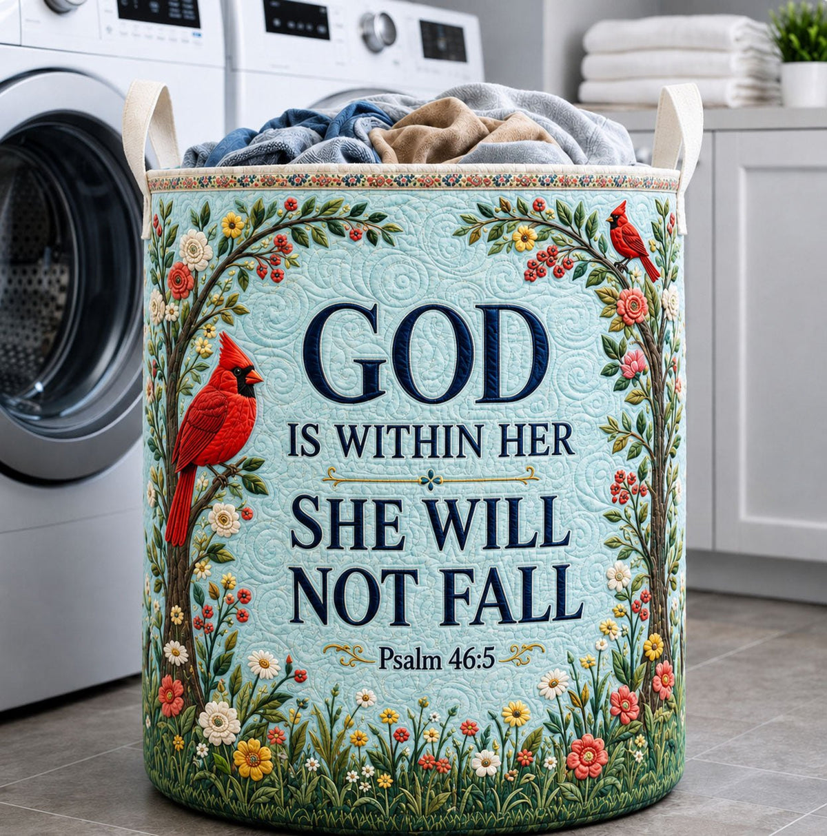 God Is Within Her Quilted Laundry Hamper printed laundry hamper