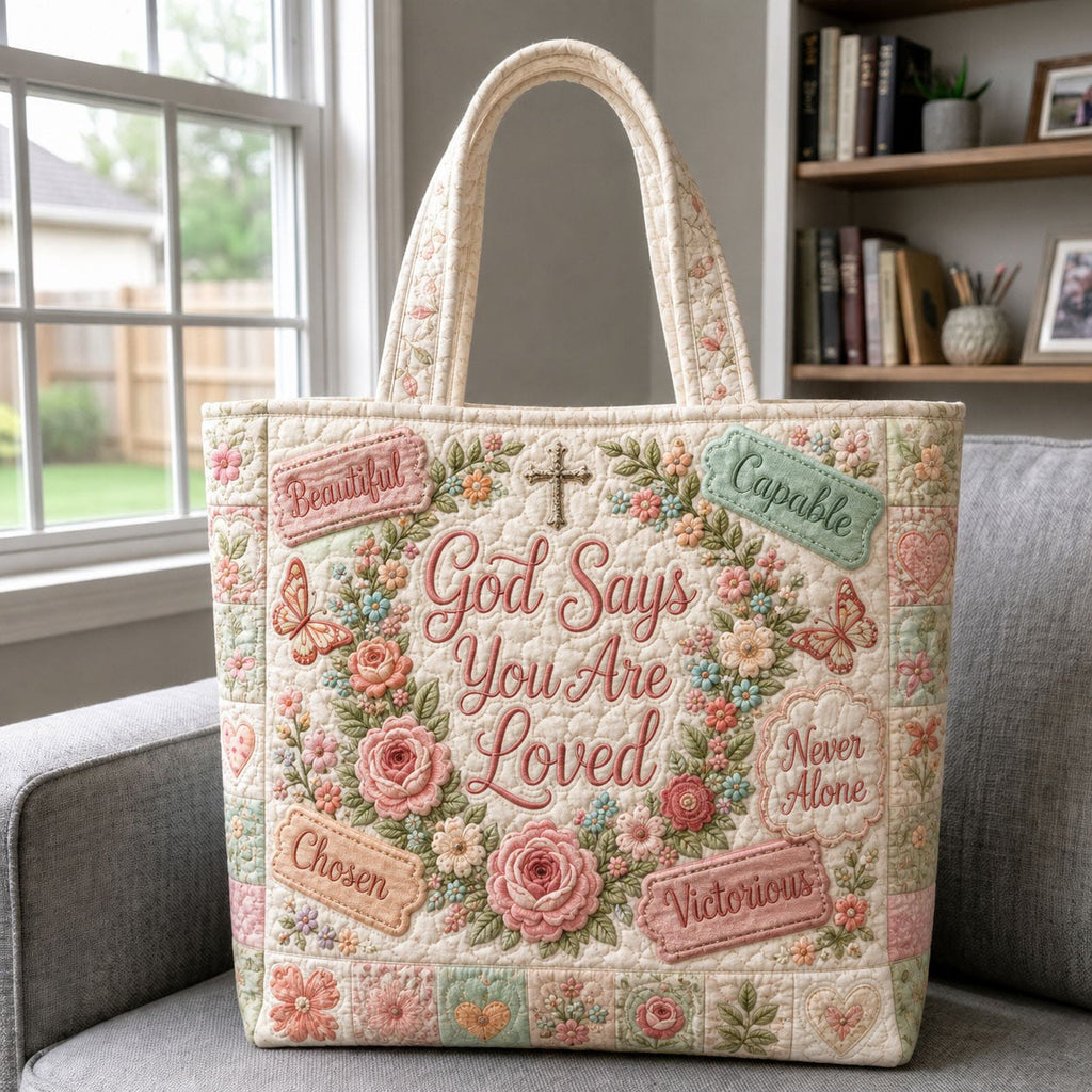 God Says You Are Loved Floral Quilted Tote Bag printed quilted tote bag