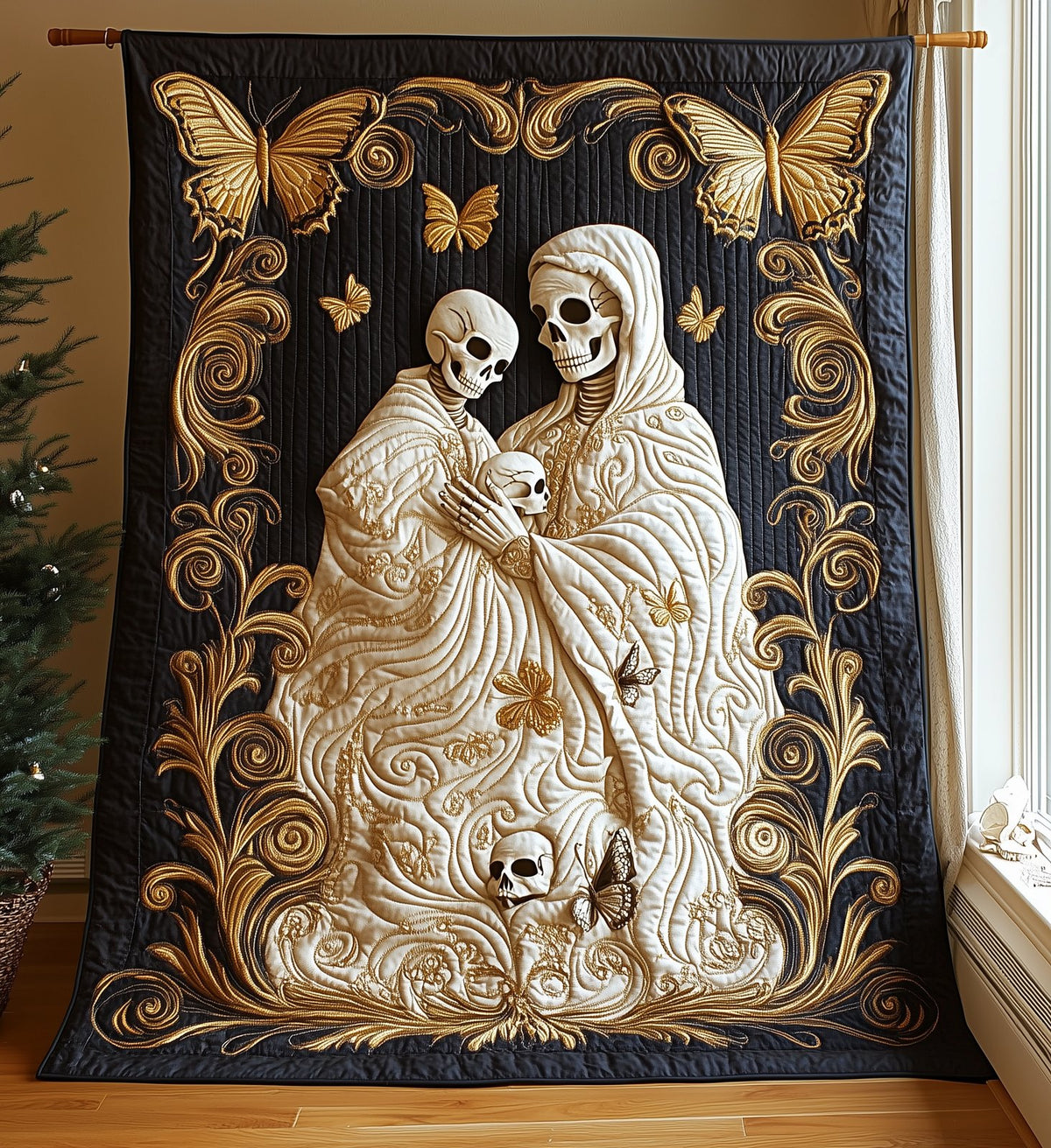 Gold Skull Quilted Blanket printed blanket