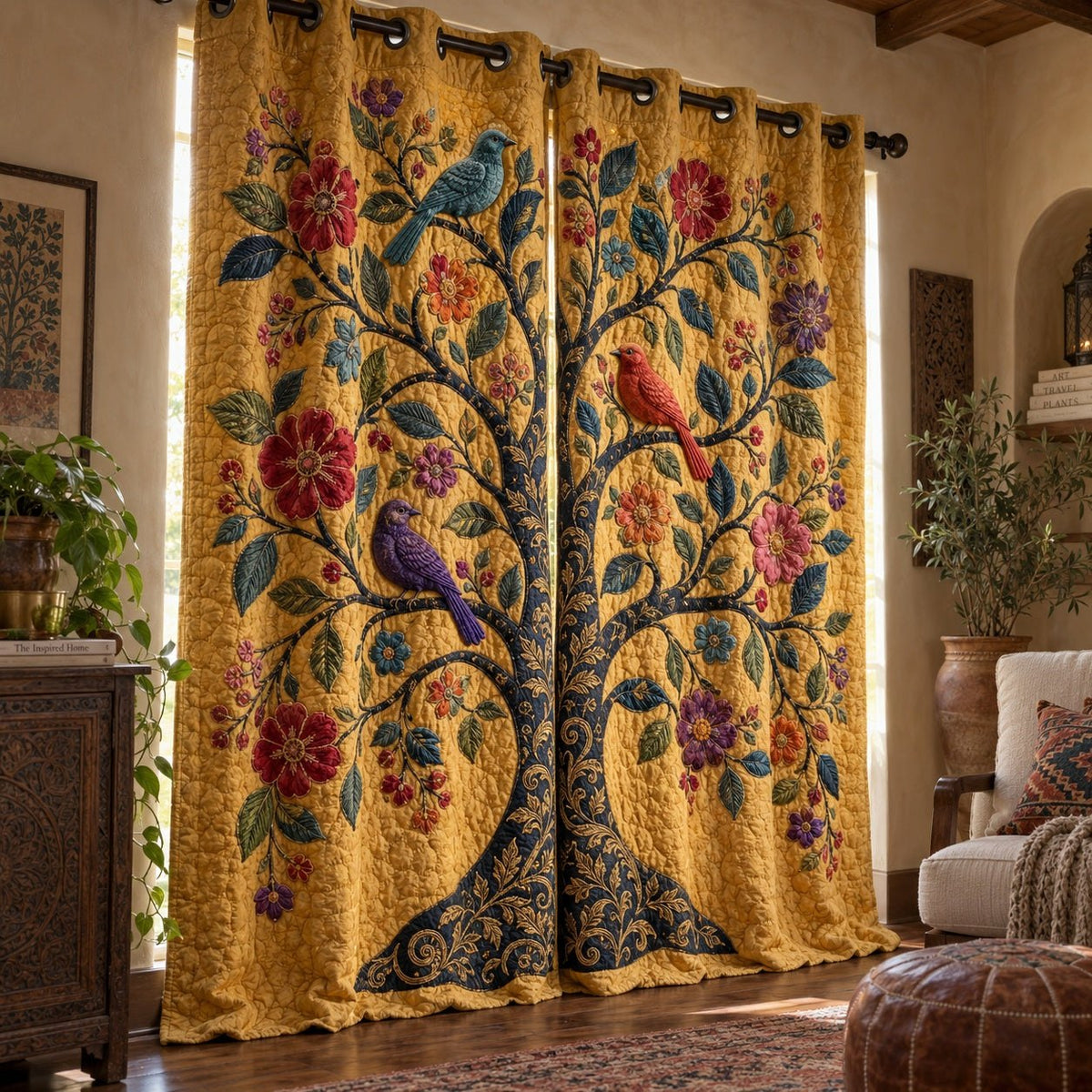 Golden Aviary Bloom Quilted Curtains printed door curtain