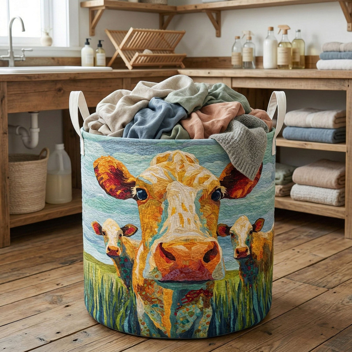 Golden Cow Field Quilted Laundry Hamper printed laundry hamper