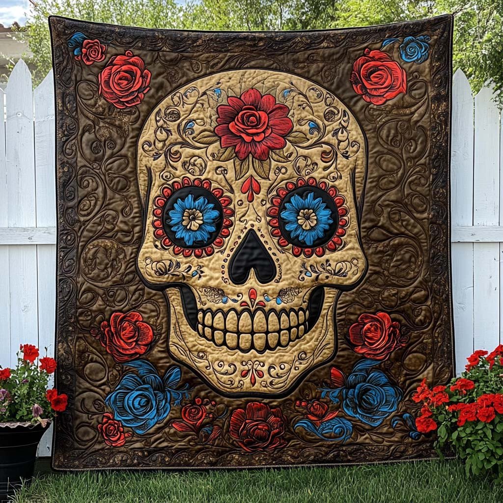 Golden Fiesta Skull Quilted Blanket printed blanket