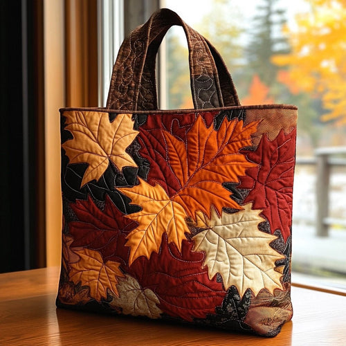 Deep Red Maple Golden Leaves Quilted Tote Bag