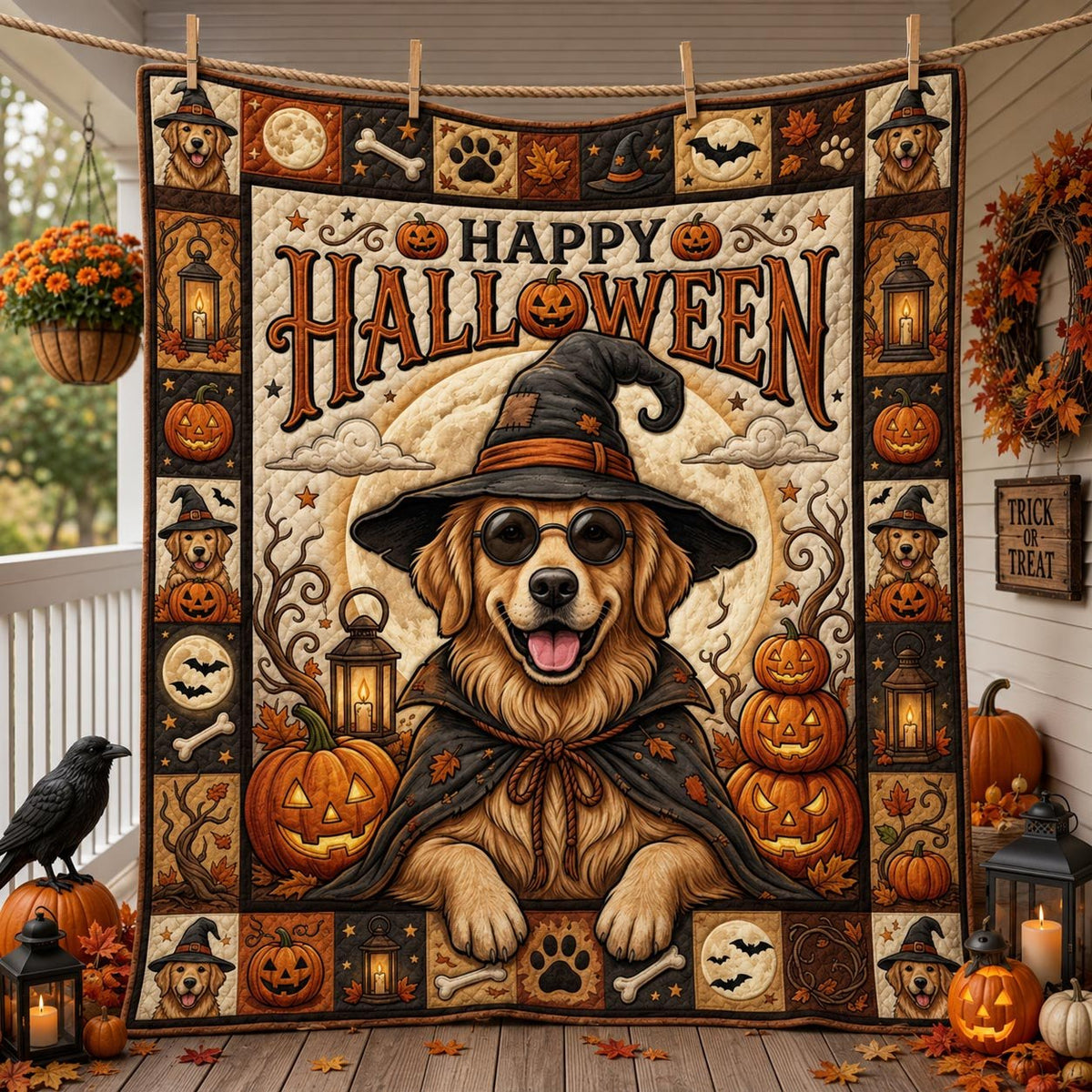 Golden Retriever Halloween Quilted Blanket printed blanket