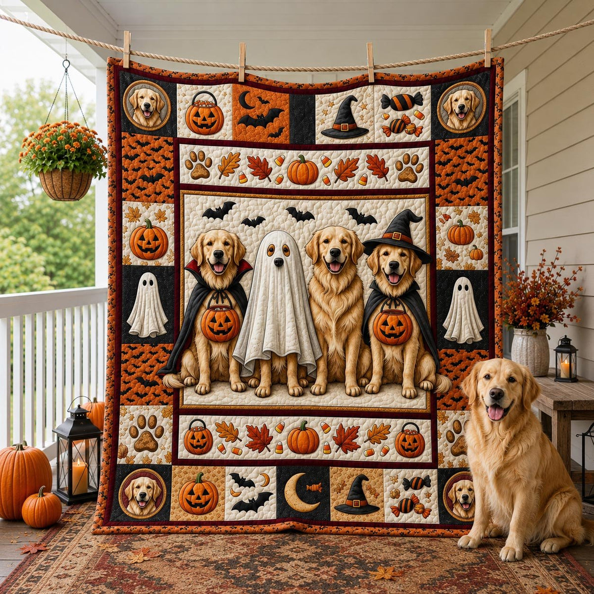Golden Retriever Halloween Quilted Blanket printed blanket
