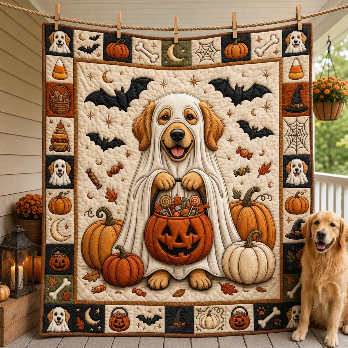 Golden Retriever Halloween Quilted Blanket printed blanket
