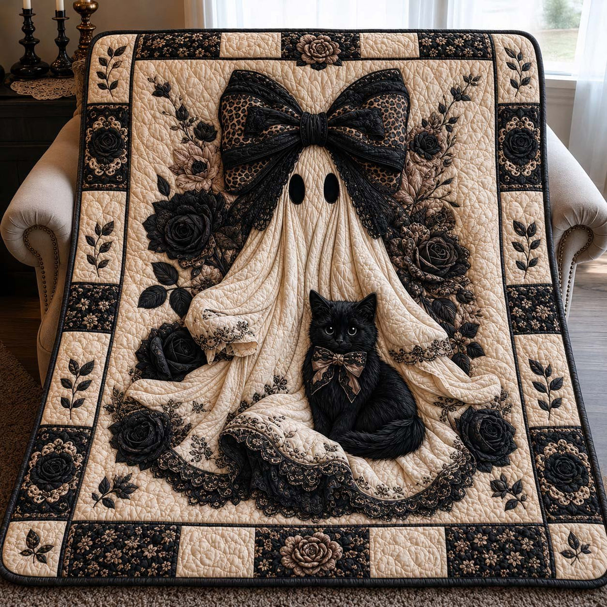 Gothic Bow Ghost Quilted Blanket printed blanket