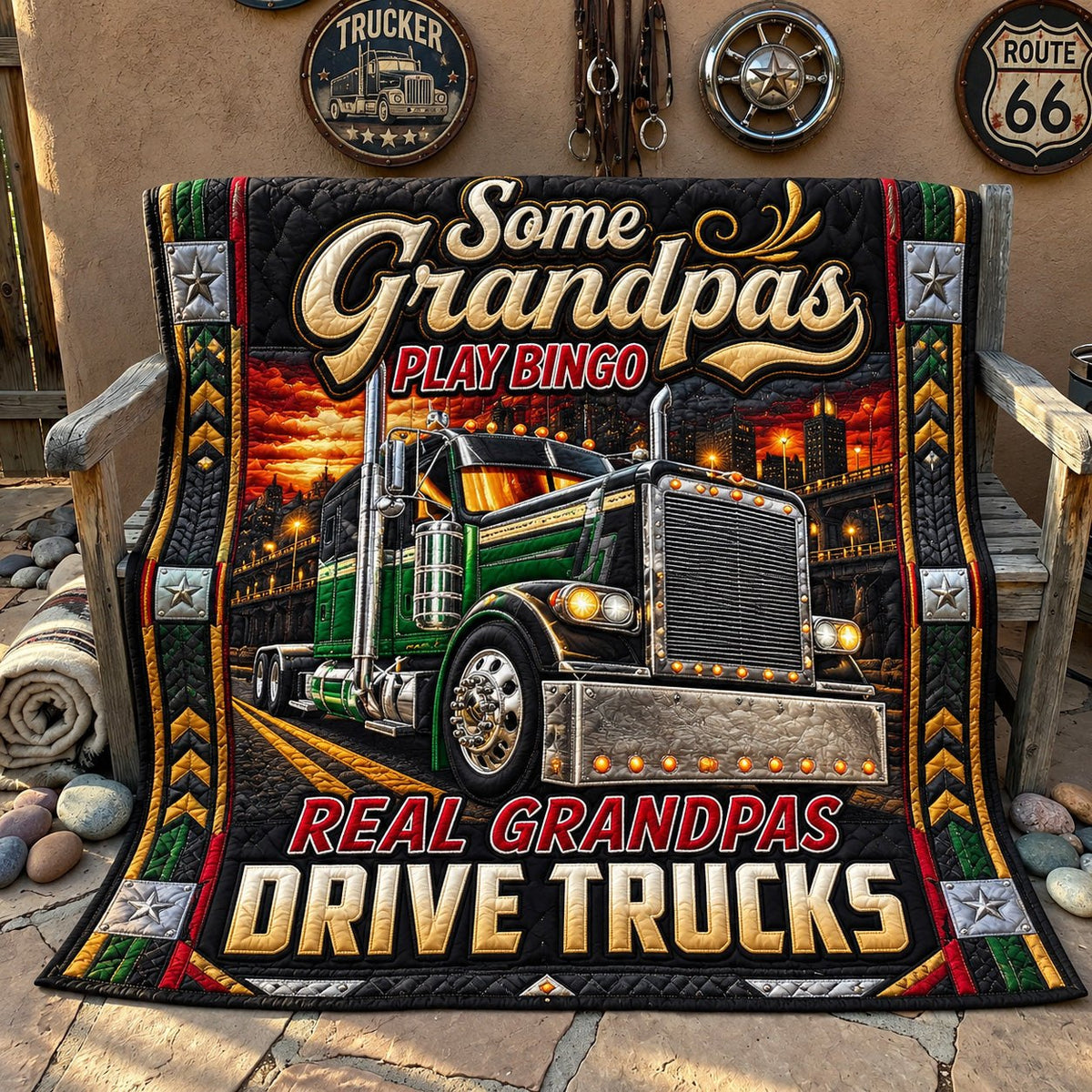 Grandpa Drives Trucks Quilted Blanket printed blanket
