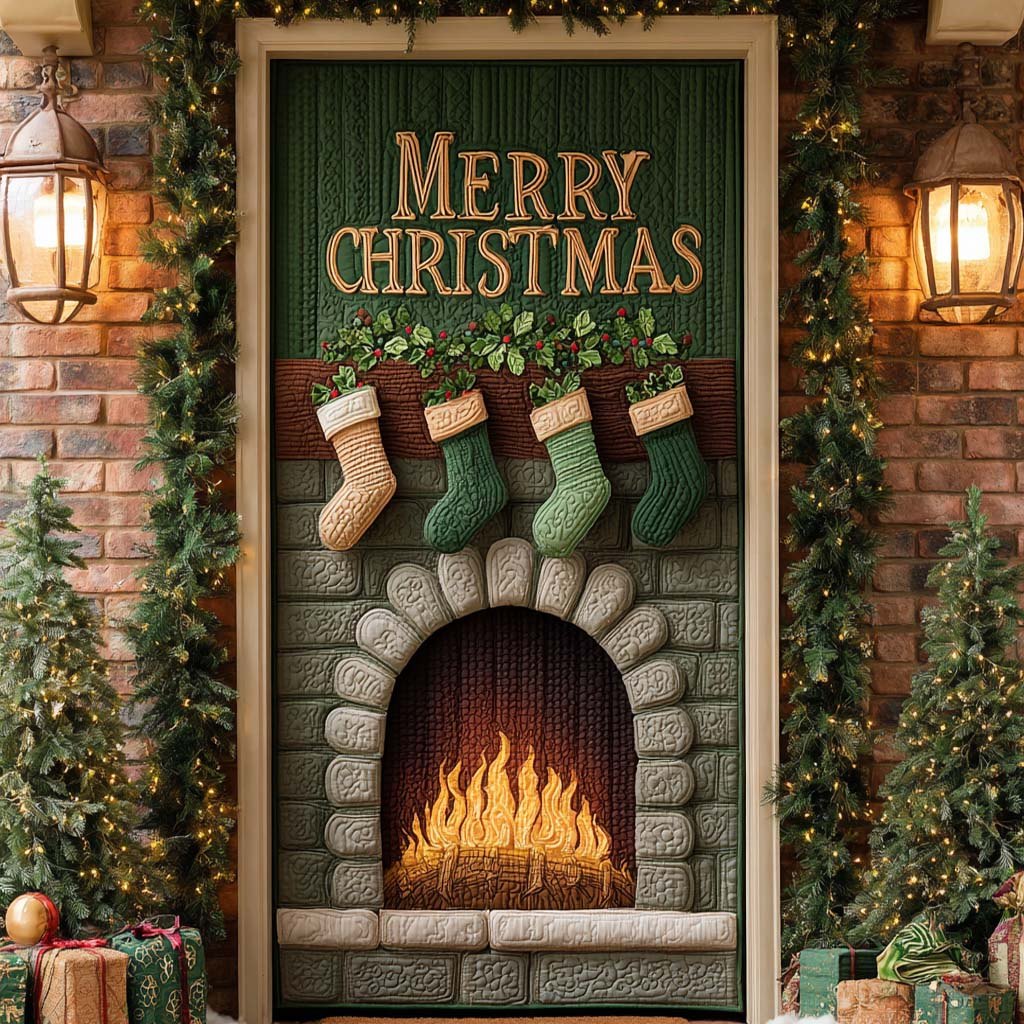 Green Classic Fireplace Quilted Door Curtain printed door curtain