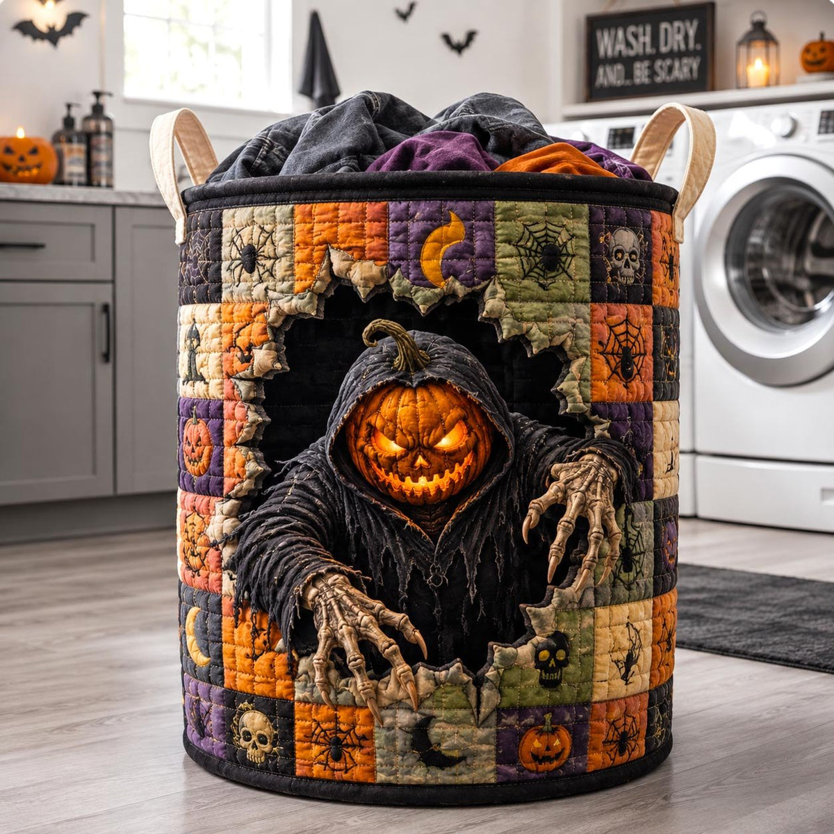 Grim Pumpkin Reaper Quilted Laundry Hamper printed laundry hamper