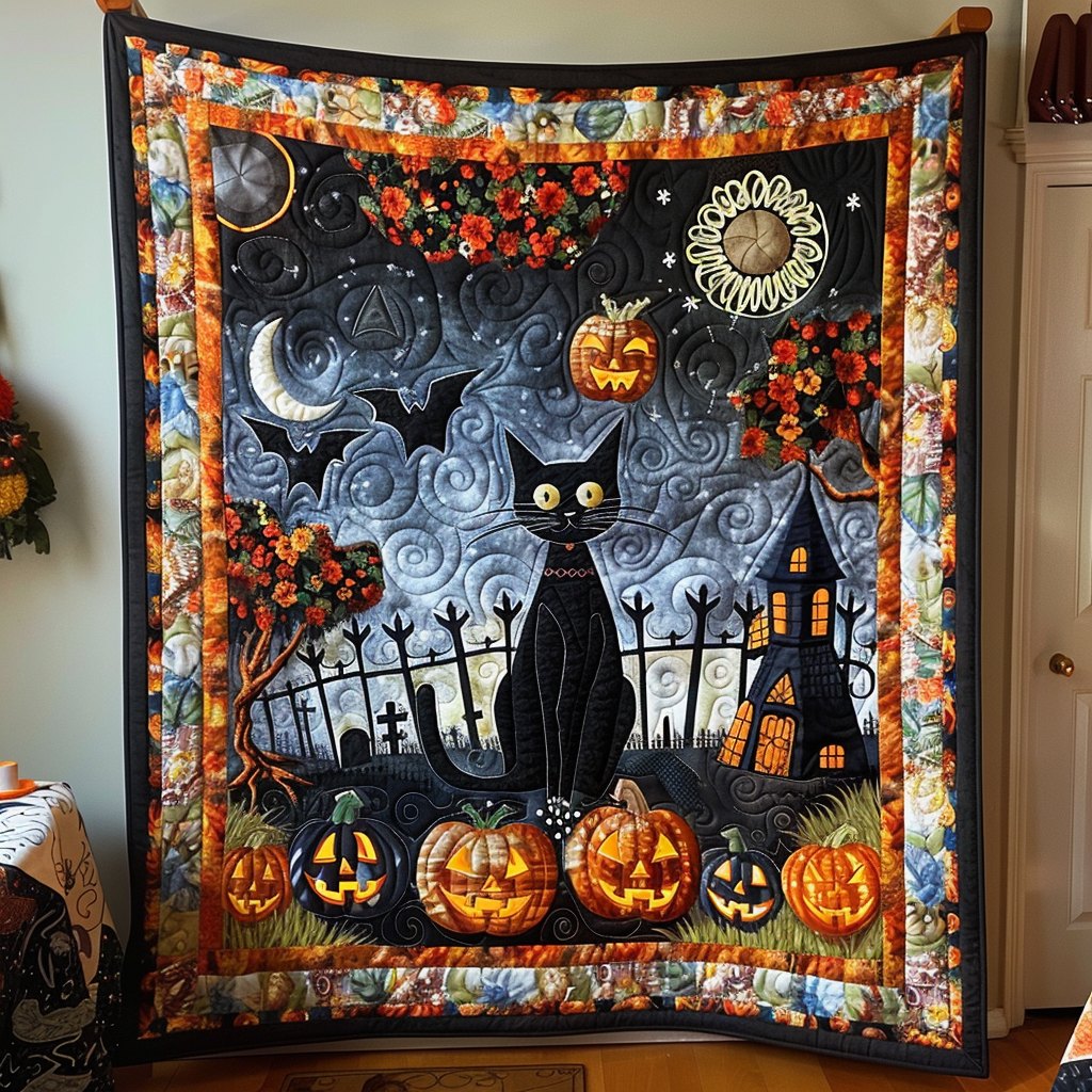 Halloween Black Cat Quilted Blanket printed blanket