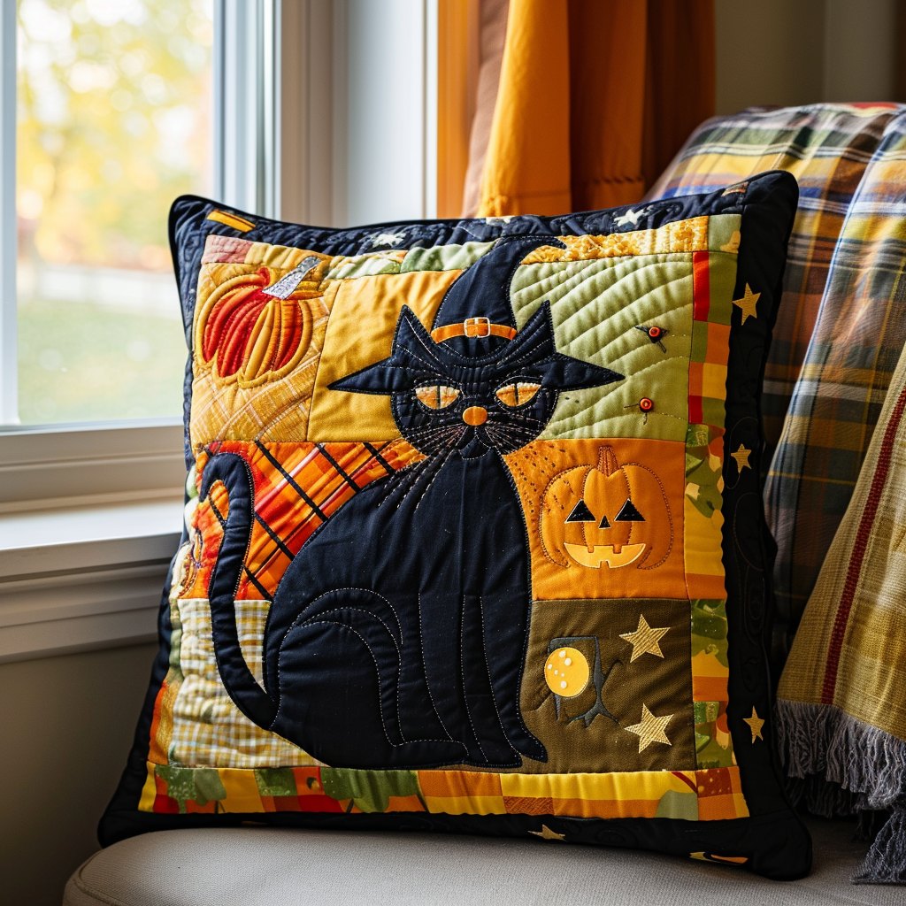Halloween Black Cat Quilted Cushion Cover printed cushion cover
