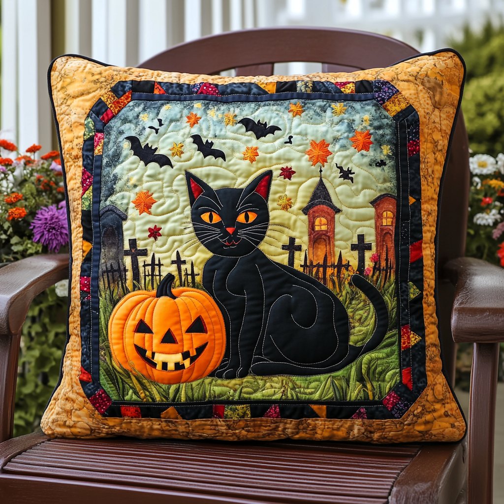 Halloween Black Cat Quilted Cushion Cover printed cushion cover