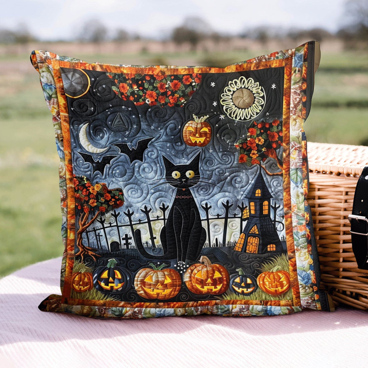 Halloween Black Cat Quilted Cushion Cover printed cushion cover