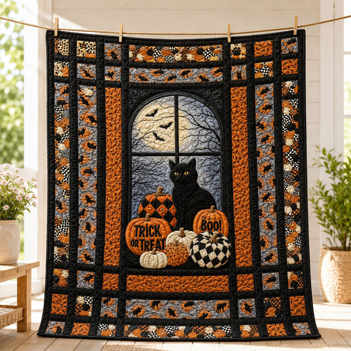 Halloween Black Cat Trick Or Treat Quilted Blanket printed blanket