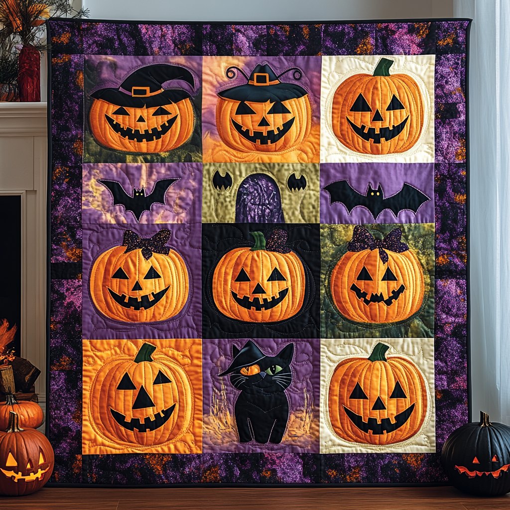 Halloween Cat Magic Quilted Blanket printed blanket
