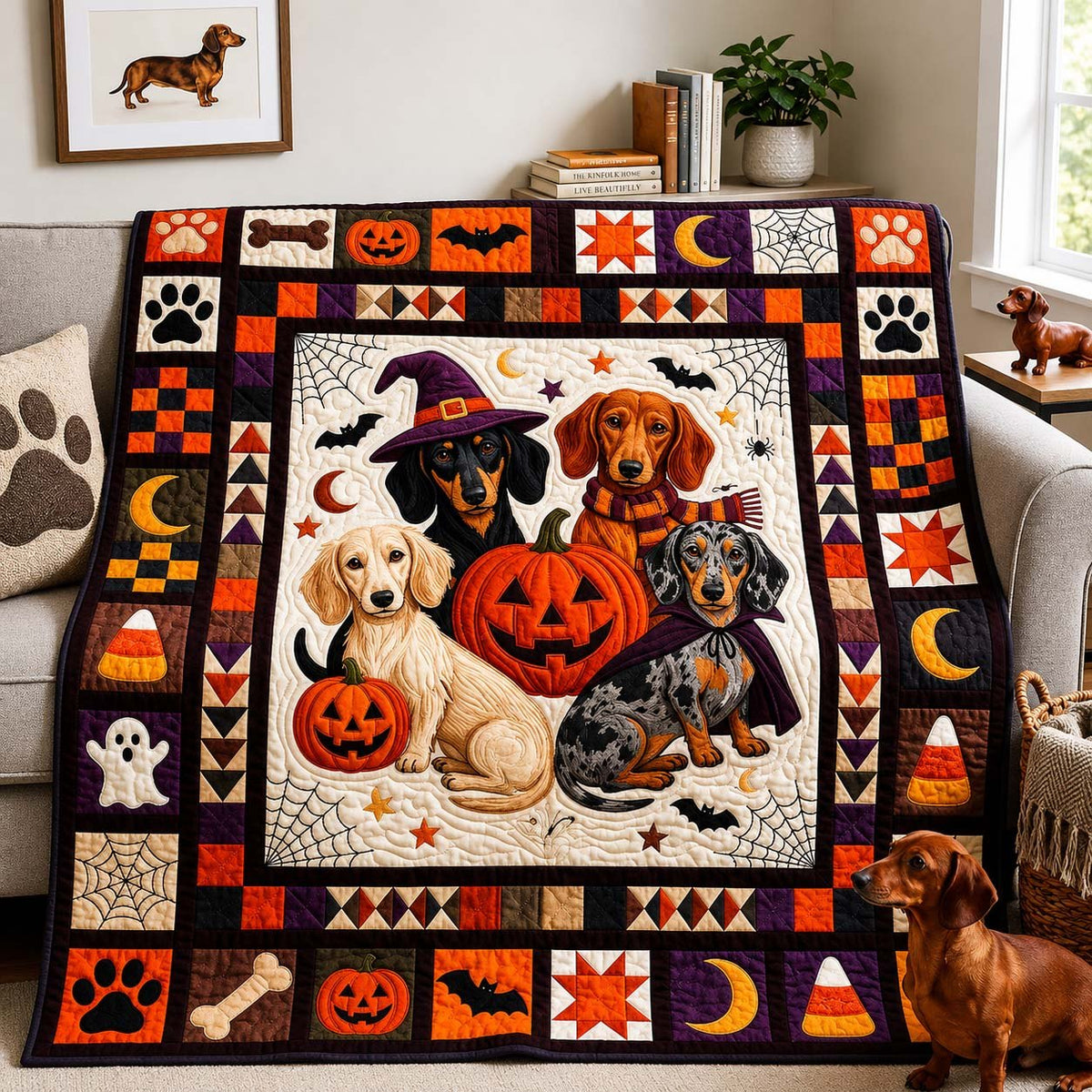 Halloween Dachshund Pack Quilted Blanket printed blanket