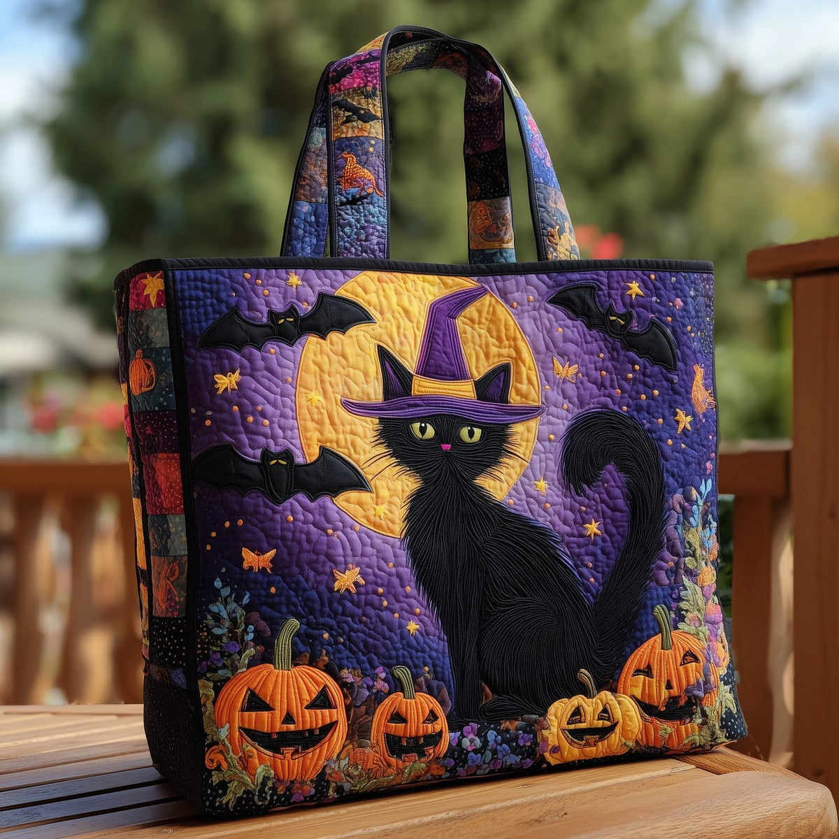 Halloween Feline Quilted Tote Bag printed tote bag