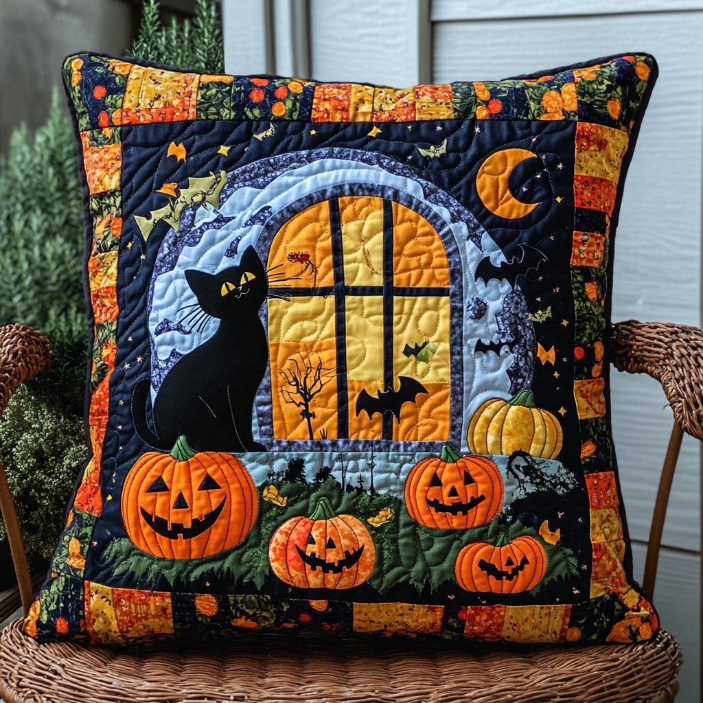 Halloween Festive Black Cat Quilted Cushion Cover printed cushion cover
