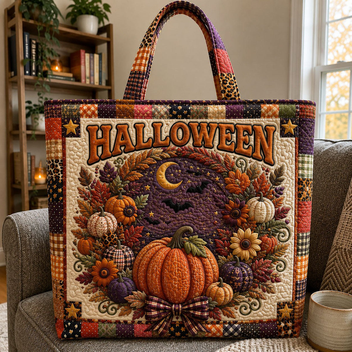 Halloween Harvest Wreath Pumpkin Quilted Tote Bag printed tote bag