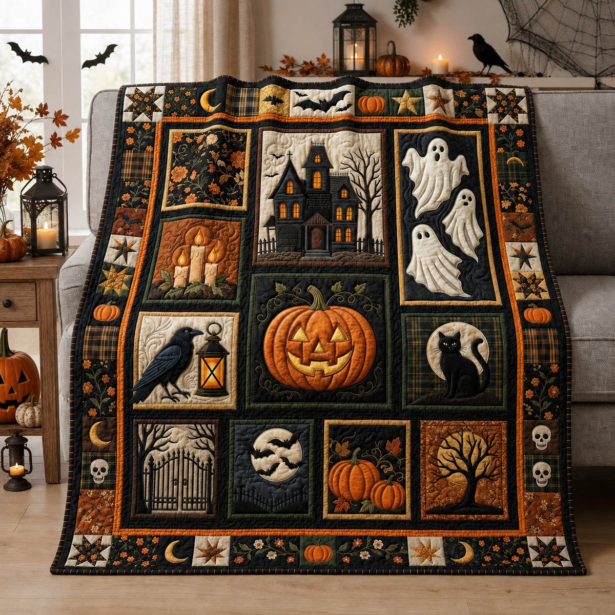 Halloween Patchwork Quilted Blanket printed blanket