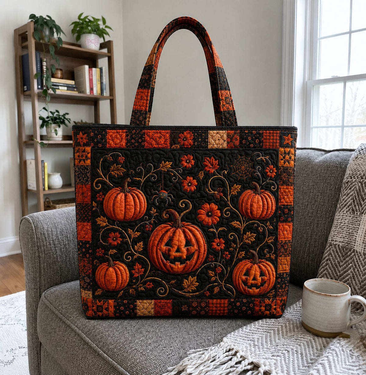 Halloween Pumpkin Patchwork Garden Quilted Tote Bag printed tote bag