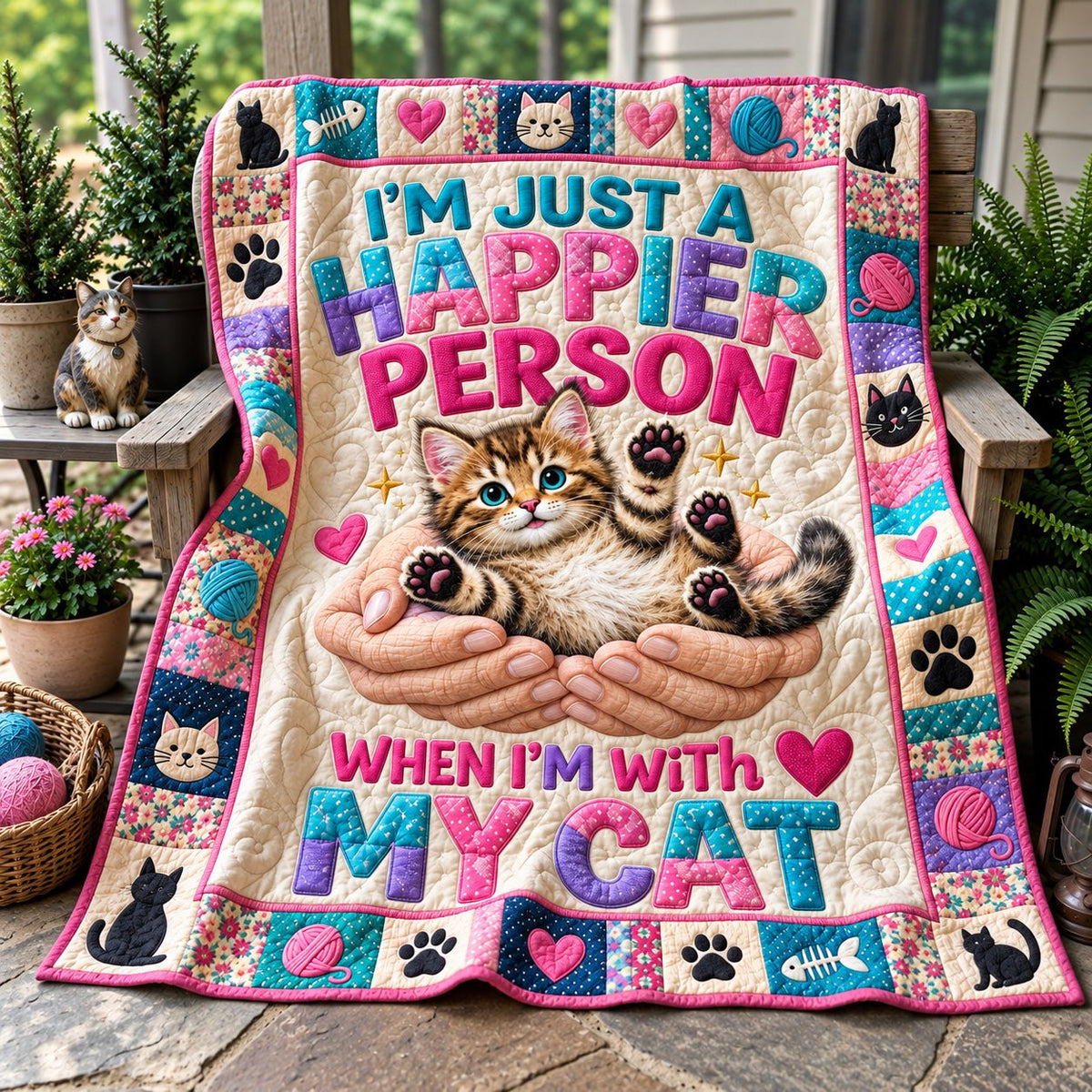 Happier With My Cat Quilted Blanket printed blanket