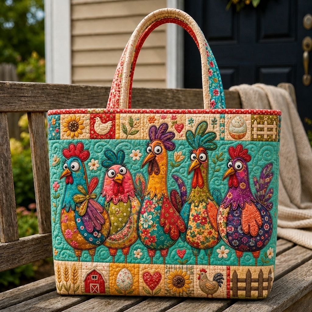 Happy Chicken Farm Quilted Tote Bag printed tote bag