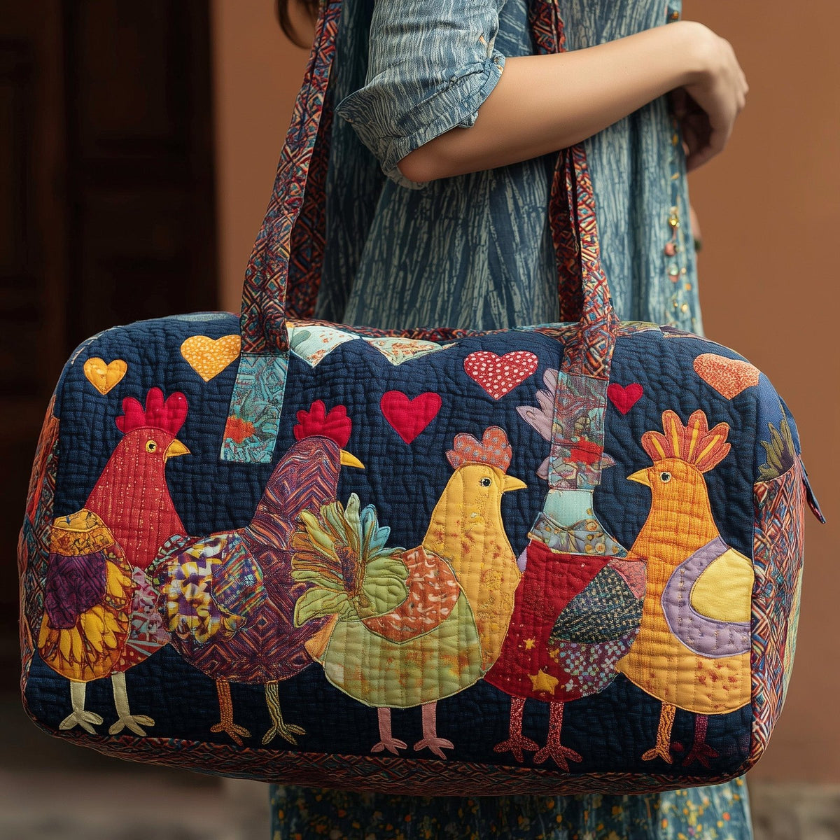 Happy Farm Chicken Quilted Duffle Bag printed duffle bag