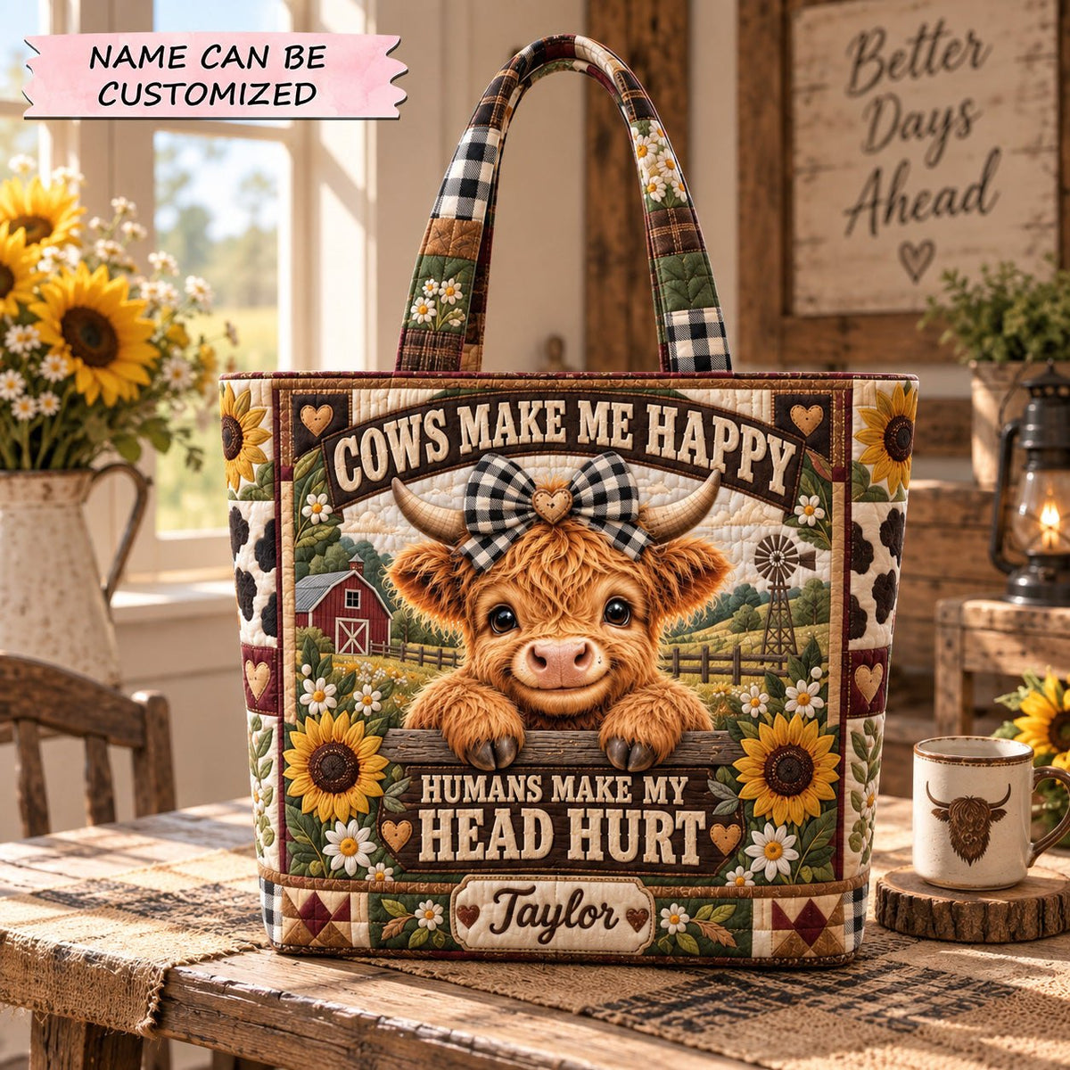Happy Farm Cow Quilted Tote Bag QTCUZ printed tote bag