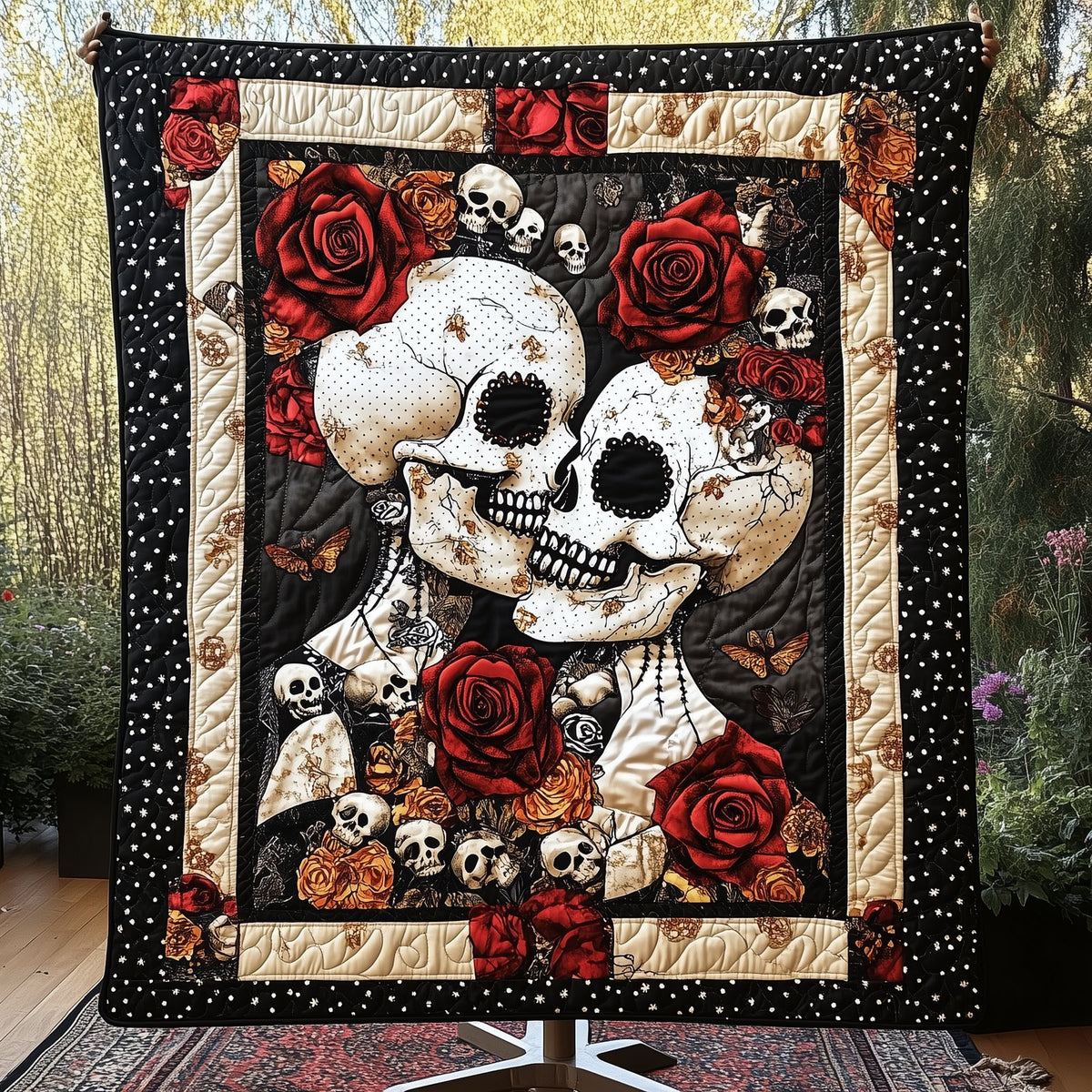 Happy Skull Couple Quilted Blanket printed blanket