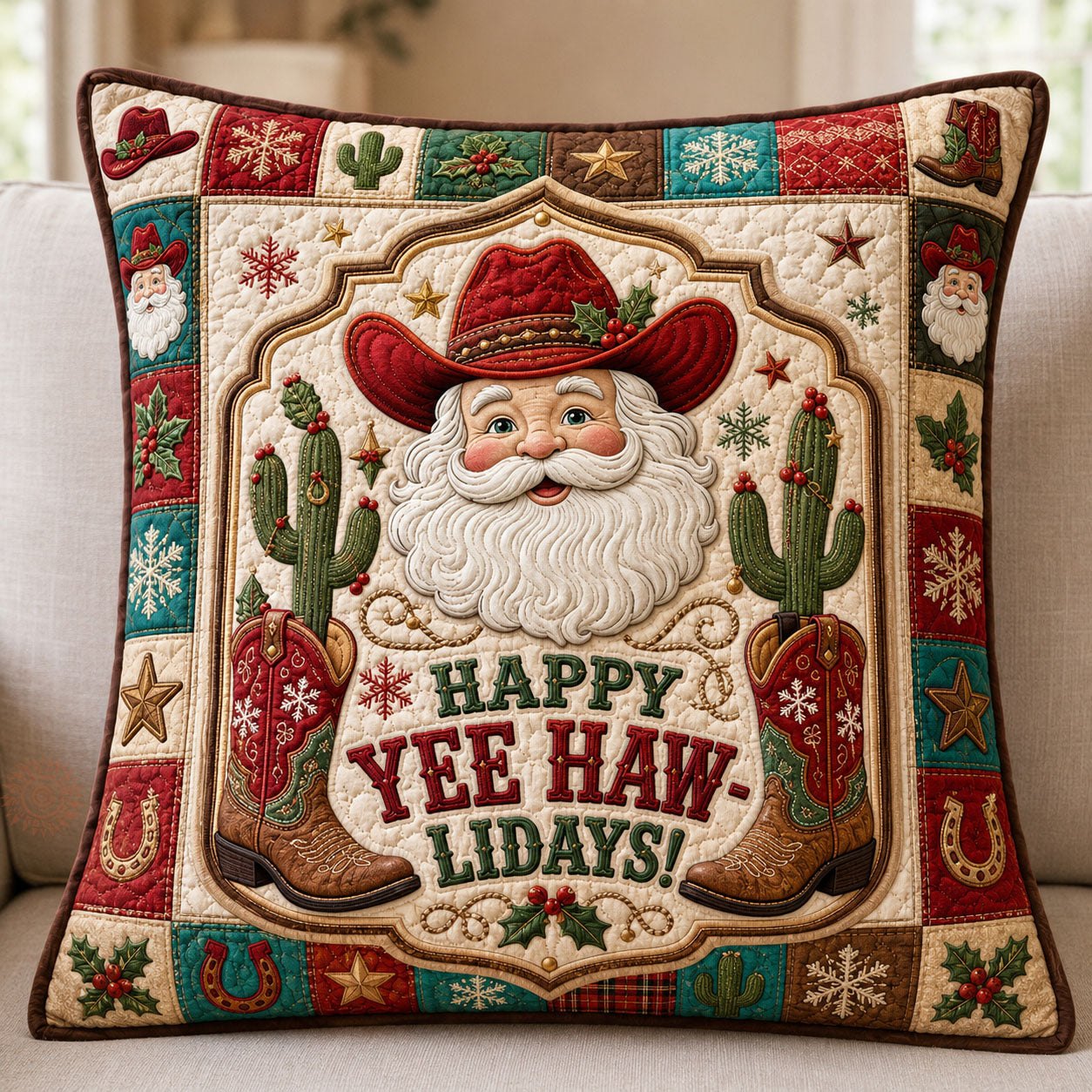 Happy Yee Haw Lidays Santa Quilted Pillow Case printed quilted cushion cover