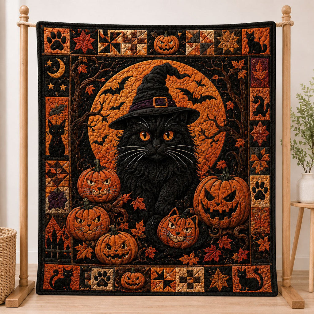 Harvest Moon Witch Cat Halloween Quilted Blanket printed blanket