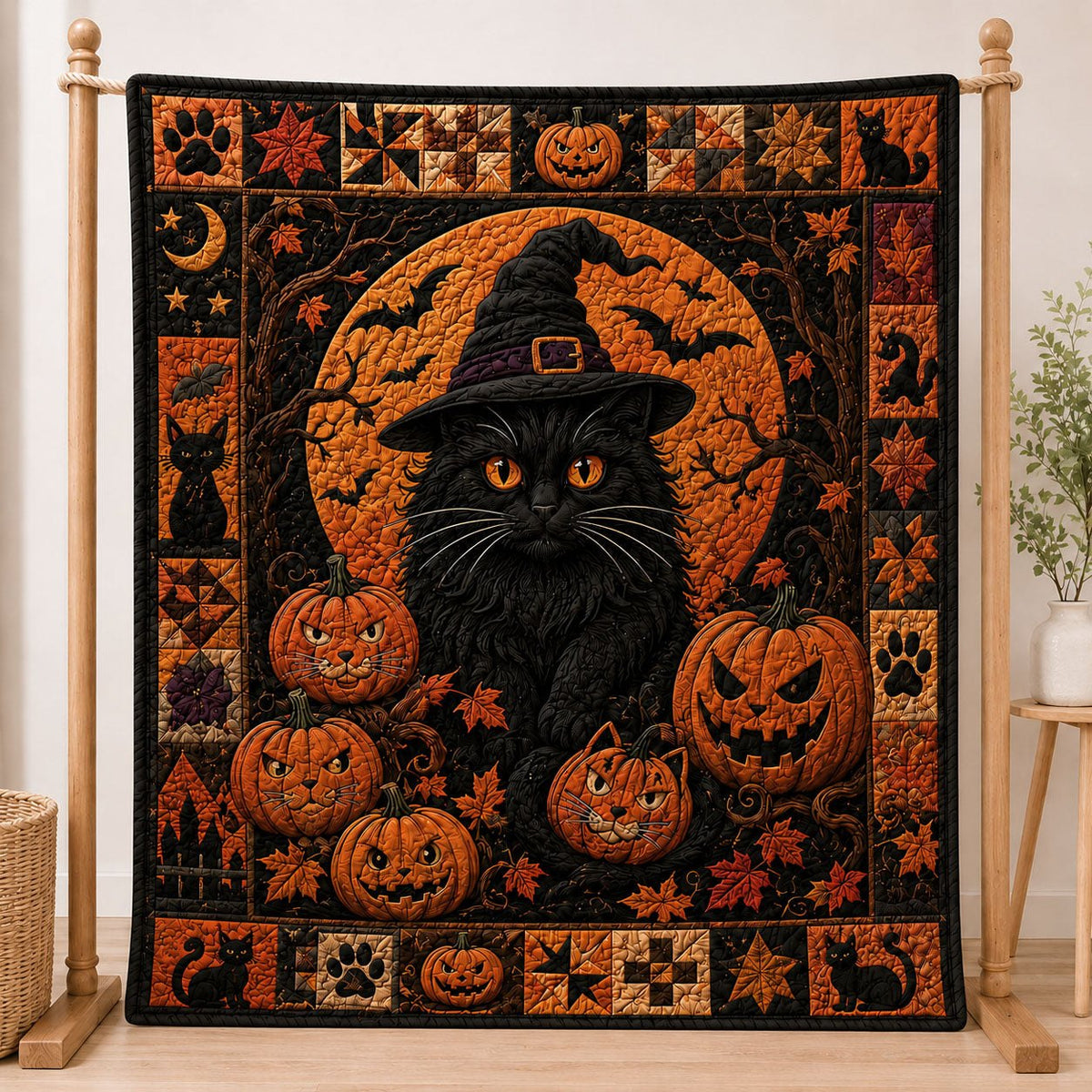 Harvest Moon Witch Cat Halloween Quilted Blanket printed blanket