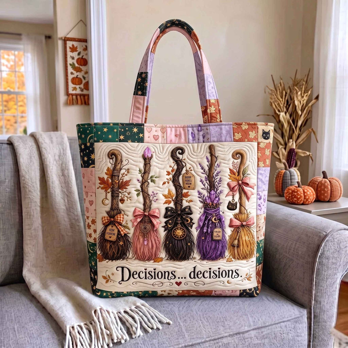 Haunted Broom Quilted Tote Bag printed tote bag