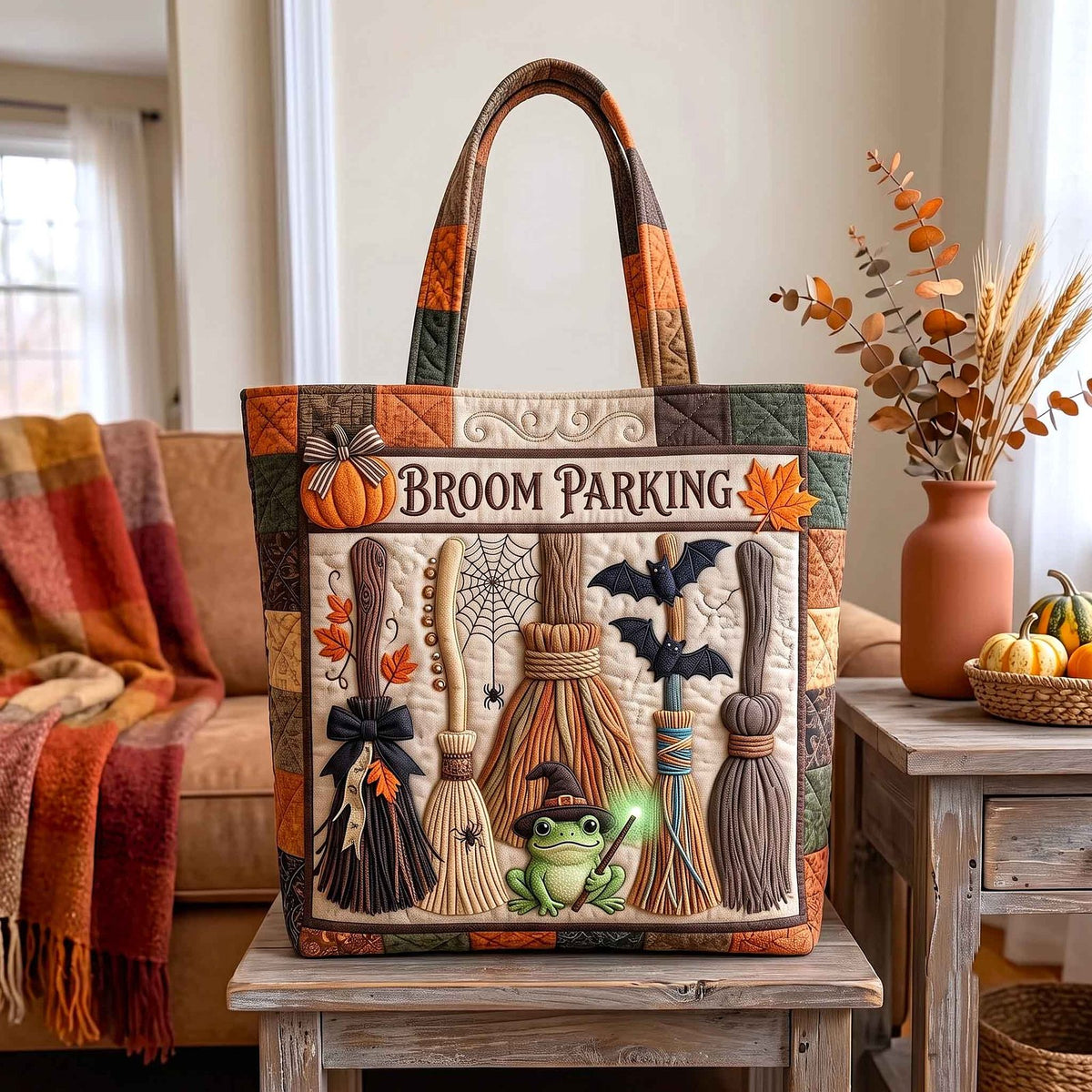 Haunted Broom Quilted Tote Bag printed tote bag