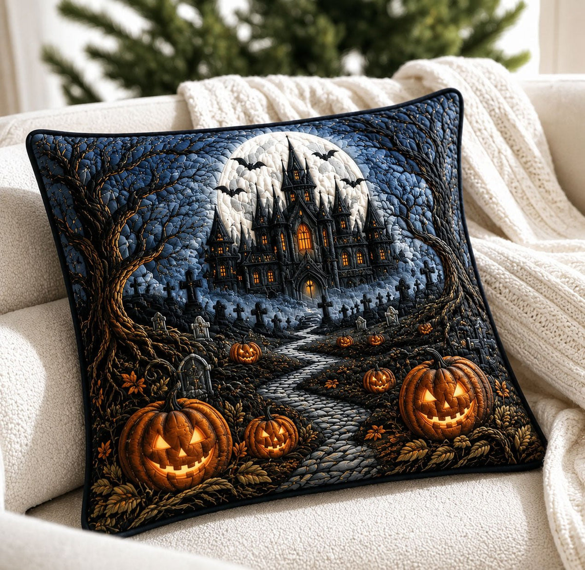Haunted Castle Pumpkin Patch Moonlit Quilted Cushion Cover printed cushion cover