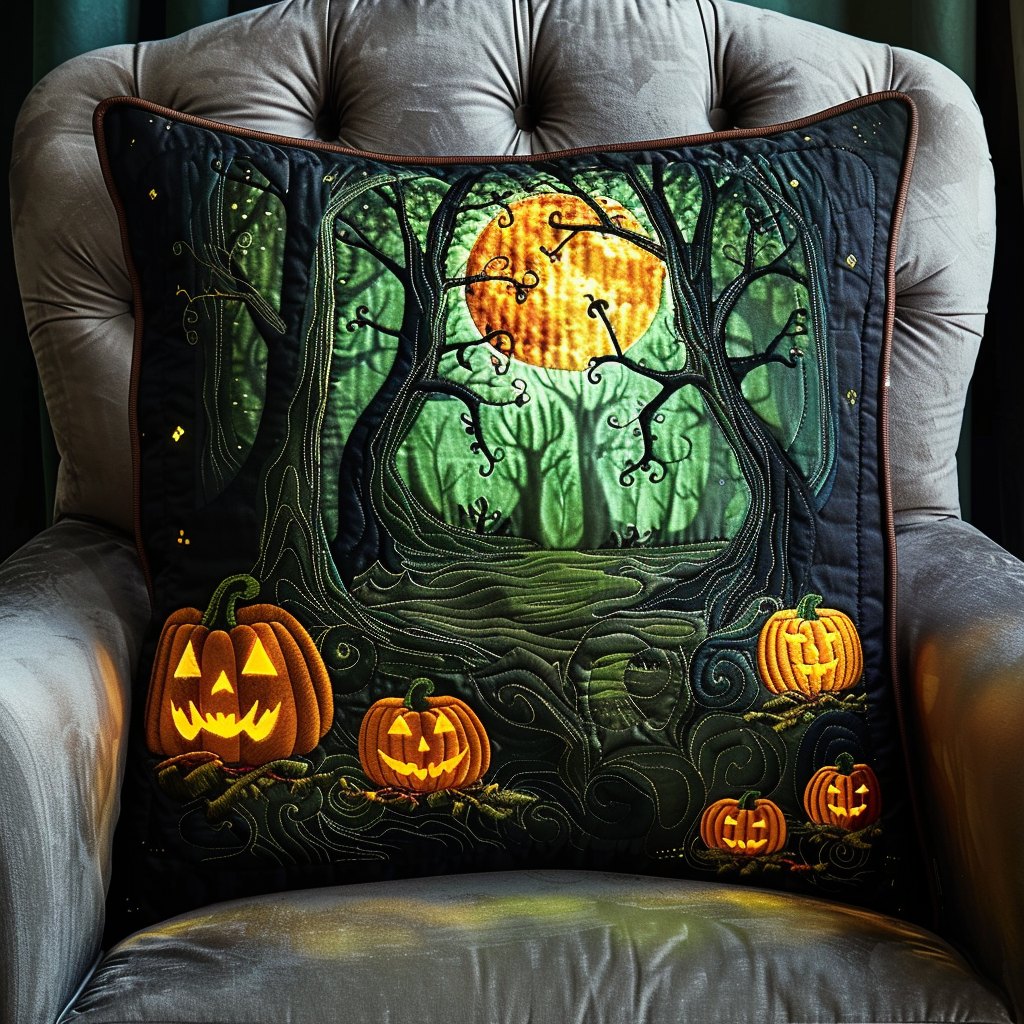 Haunted Forest Pumpkins Quilted Cushion Cover printed cushion cover